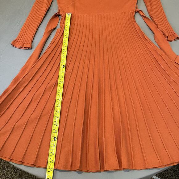 Zesica Orange L Ribbed Thick Knit Ribbed A Line Midi Sweater Tie Dress Office - Picture 7 of 11